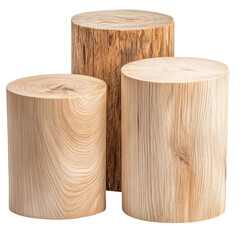 Rustic Elegance: A trio of cylindrical wooden stumps, showcasing the natural beauty of wood grain,  perfect for minimalist home decor or product displays.