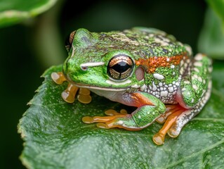 Close-up of Colorful Green Frog Resting on Leaf in Natural Habitat