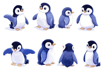 Naklejka premium Adorable Penguin Poses: A set of eight charming hand-drawn penguins in various poses, showcasing their unique waddle and flightless charm. perfect for children's illustrations, branding.