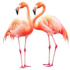 Obraz premium Pink Flamingo Pair: Two vibrant pink flamingos stand elegantly side-by-side, their necks curved in a graceful pose, creating a captivating image of tropical beauty.