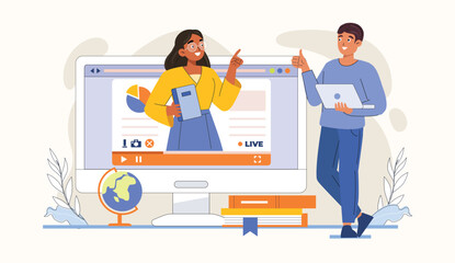 Online Education Live Session with Students and Interactive Learning Illustration A live online class with a teacher and students interacting through virtual tools.