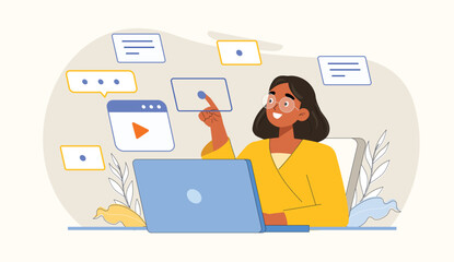 Online Education with Interactive Learning Interface Illustration Depicts an interactive learning platform where a student participates in online lessons.