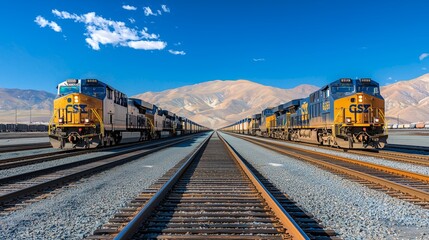 Obraz premium Two Freight Trains on Parallel Tracks Under Clear Blue Sky