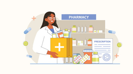 Pharmacy Illustration with Medicine and Prescription Shows prescription medicine alongside a prescription form to emphasize the medical process.