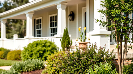 Fototapeta premium Luxury Home Exterior with Landscaping and Porch. Beautiful Residential Property with Columns and Green Plants. Real Estate Photography