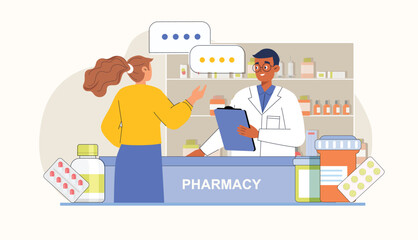 PPharmacy Illustration with Pharmacist and Customer Consulting on Medication A scene where a pharmacist is helping a customer with medication, offering advice and guidance.