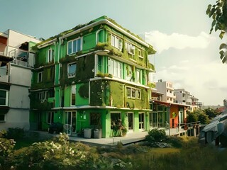 Obraz premium Green façade, natural architecture, marvellous eco residential complex, modern eco-friendly building with green terraces and vertical landscaping in an urban environment