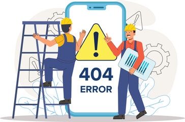 404 Error Data Center Network Issue with Technicians Fixing Server Illustration Shows technicians troubleshooting and fixing server issues in a data center with a visible 