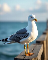 Fototapeta premium Seagull Bird Standing Wooden Pier Blue Ocean Water Coastal Sunny Day