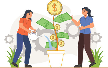 Business Finance Illustration with Growing Money Tree A tree with growing money instead of leaves, representing financial growth and prosperity.