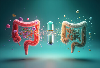 A sleek 3D model of fecal microbiota transplantation (FMT) showing glowing microbiota flowing between a donor and recipient via a futuristic capsule, set on a gradient background.