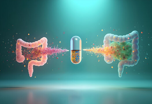 A sleek 3D model of fecal microbiota transplantation (FMT) showing glowing microbiota flowing between a donor and recipient via a futuristic capsule, set on a gradient background.