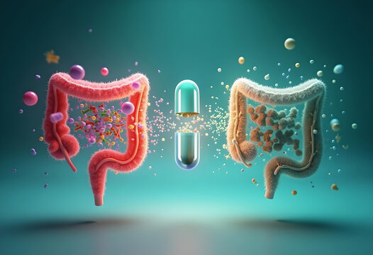 A sleek 3D model of fecal microbiota transplantation (FMT) showing glowing microbiota flowing between a donor and recipient via a futuristic capsule, set on a gradient background.