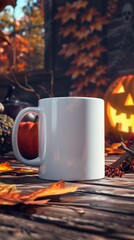 Blank Coffee Mug Surrounded by Autumn Leaves and Halloween Decor