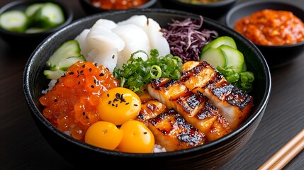 Delicious Japanese Seafood Rice Bowl with Grilled Fish and Various Toppings