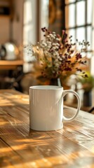 White Ceramic Mug on Wooden Table with Soft Natural Light