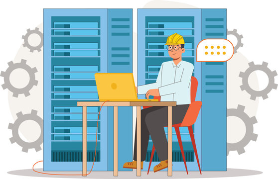 Data Center Technician Illustration Working on Laptop for Server Maintenance Focuses on the technician working on a laptop to fix server issues remotely.