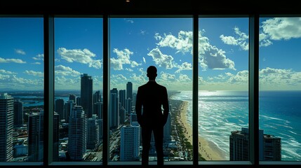 Fototapeta premium Businessman Silhouette Against Cityscape and Ocean View