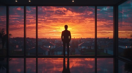 Silhouette of Man Admiring Vibrant Sunset Over City Skyline