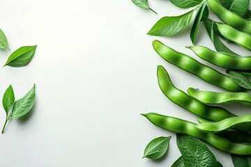 Fototapeta premium Fresh Green Beans and Leaves on White Background
