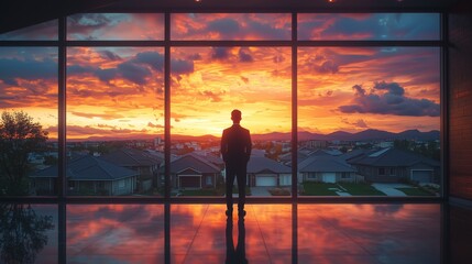 Fototapeta premium Man Silhouetted Against Vibrant Sunset Over Suburban Landscape
