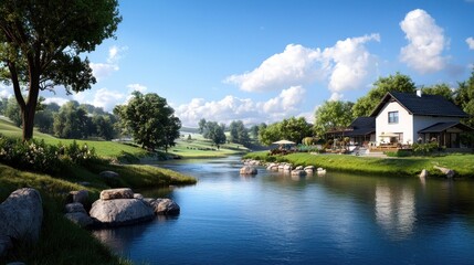 Fototapeta premium Tranquil River House Landscape