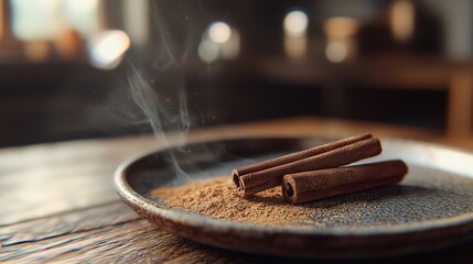 Aromatic Cinnamon Sticks on Wooden Table with Light Smoke