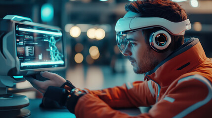 software developer wearing futuristic augmented reality glasses interacts with high tech computer interface in modern, illuminated workspace