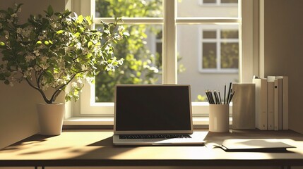 Fototapeta premium Minimalist Desk Setup with Laptop in Sunlit Home Office Environment