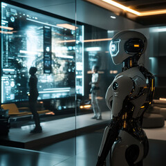Fototapeta premium futuristic robotic assistant stands in sleek, high tech environment, observing digital interface with glowing holographic displays, evoking sense of advanced technology and innovation