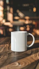 Fototapeta premium White Ceramic Coffee Mug with Steam on Wooden Table Background