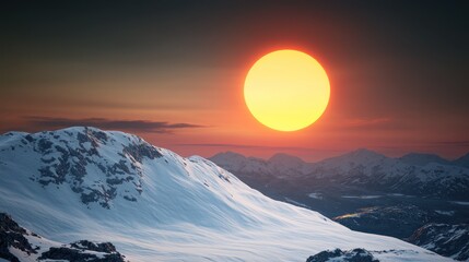 Majestic sunset over snow-covered mountains and serene landscape.