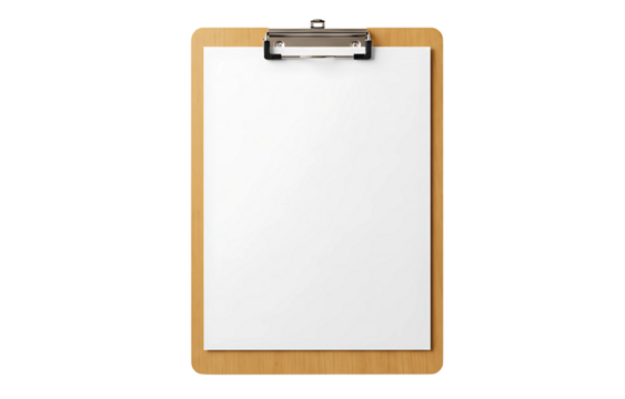 Realistic Wooden Clipboard with Blank A4 Paper Mockup on Transparent Background