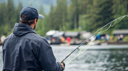Fisherman and equipment or tackle on fishing tournament invitation. Sea fishing poster with fisher holding net or rod. Cauldron and hook, shrimp and salmon, squid and octopus, carp and perch vector