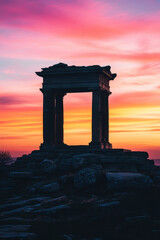 Fototapeta premium Silhouette of an ancient stone ruin at sunset with vibrant pink and orange skies, creating a dramatic and serene atmosphere.