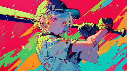 Anime character Young baseball player in action, ready to hit with simple background