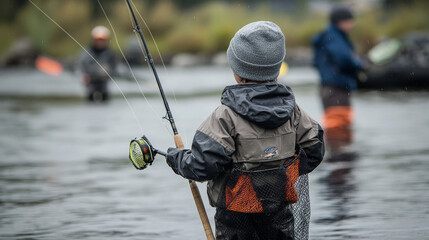 Fisherman and equipment or tackle on fishing tournament invitation. Sea fishing poster with fisher holding net or rod. Cauldron and hook, shrimp and salmon, squid and octopus, carp and perch vector