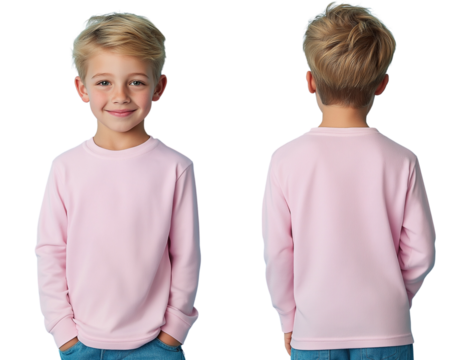 A young boy with blonde hair wearing a pink long-sleeved t-shirt, shown from the front and back, against a solid color transparent background - Powered by Adobe