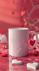 White Mug Surrounded by Red Hearts on a Romantic Table Setting