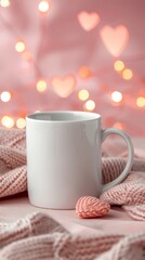 Empty White Coffee Mug with Heart and Knit Texture on Pink Background