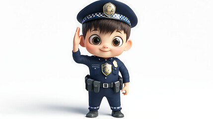 Fototapeta premium Adorable Cartoon Police Officer Boy Saluting 3D Render Child Cute Uniform