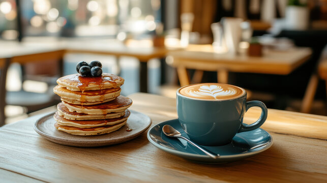 stack of pancakes topped with blueberries and syrup sits beside latte with latte art in cozy cafe setting, evoking warm and inviting atmosphere