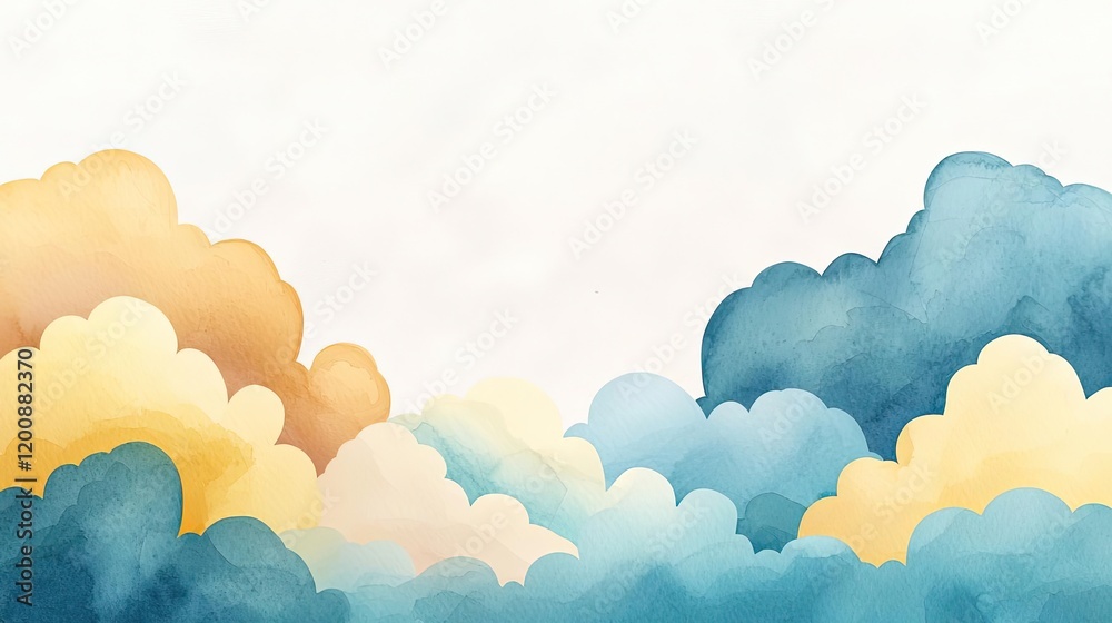 Poster clouds watercolor idea. serene watercolor clouds in soft hues of blue and gold, creating a tranquil 