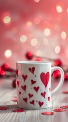 Fototapeta premium Cozy White Mug with Red Hearts on a Soft Pink Background