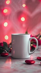 Blank White Mug Surrounded by Red Roses and Twinkling Lights