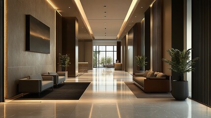 Fototapeta premium Modern Lobby: Captivating view of a sleek, contemporary lobby featuring elegant interior design. The interplay of light and shadow highlights the textures and details of the space.