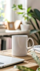 Simple White Coffee Mug on Wooden Table with Green Plants Around