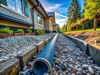 Modern French Drain Installation: Stormwater Drainage System Near House Foundation