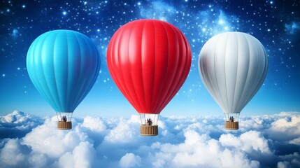 Fototapeta premium Three vibrant hot air balloons ascending through a dreamy cloudscape at night