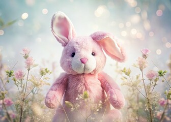 Fototapeta premium Pink Bunny Toy Double Exposure Stock Photo - Cute Clipart PNG Transparent Background